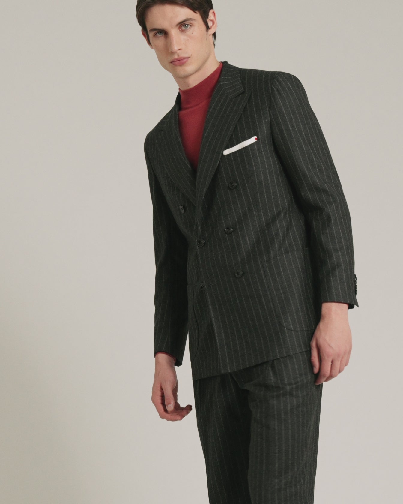 double-breasted pinstripe suit in grey wool and cashmere