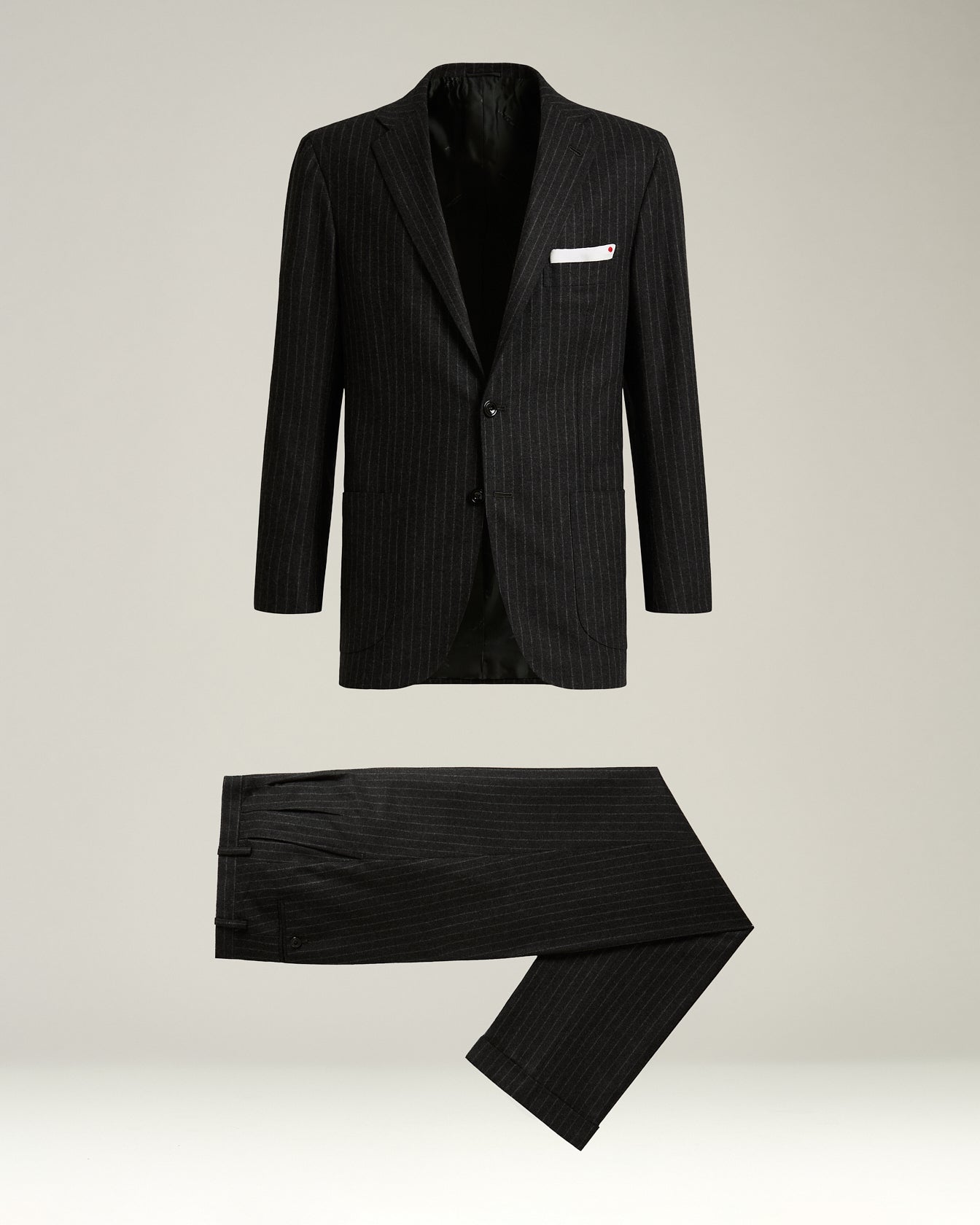 dark grey single-breasted wool and cashmere pinstripe suit