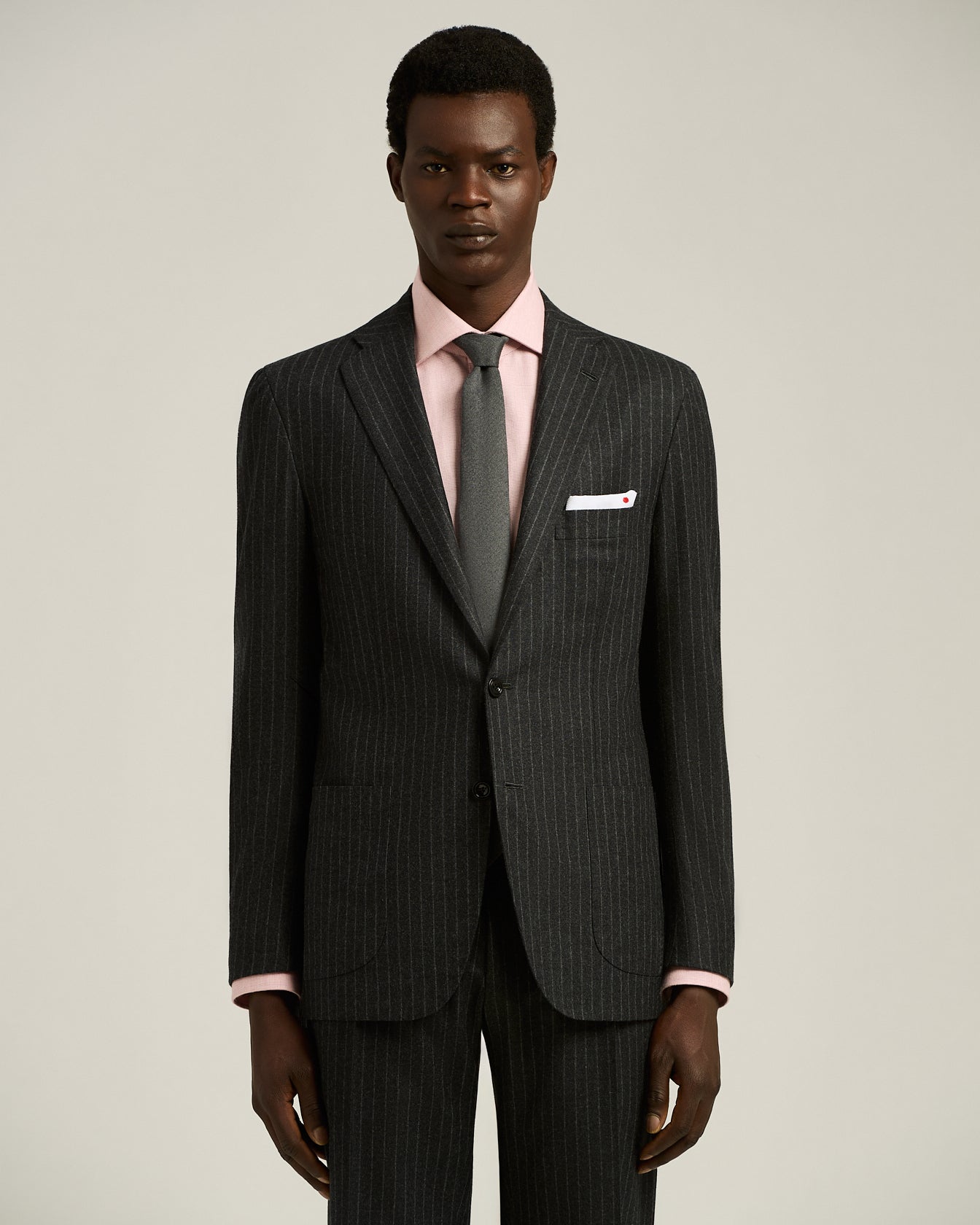 dark grey single-breasted wool and cashmere pinstripe suit