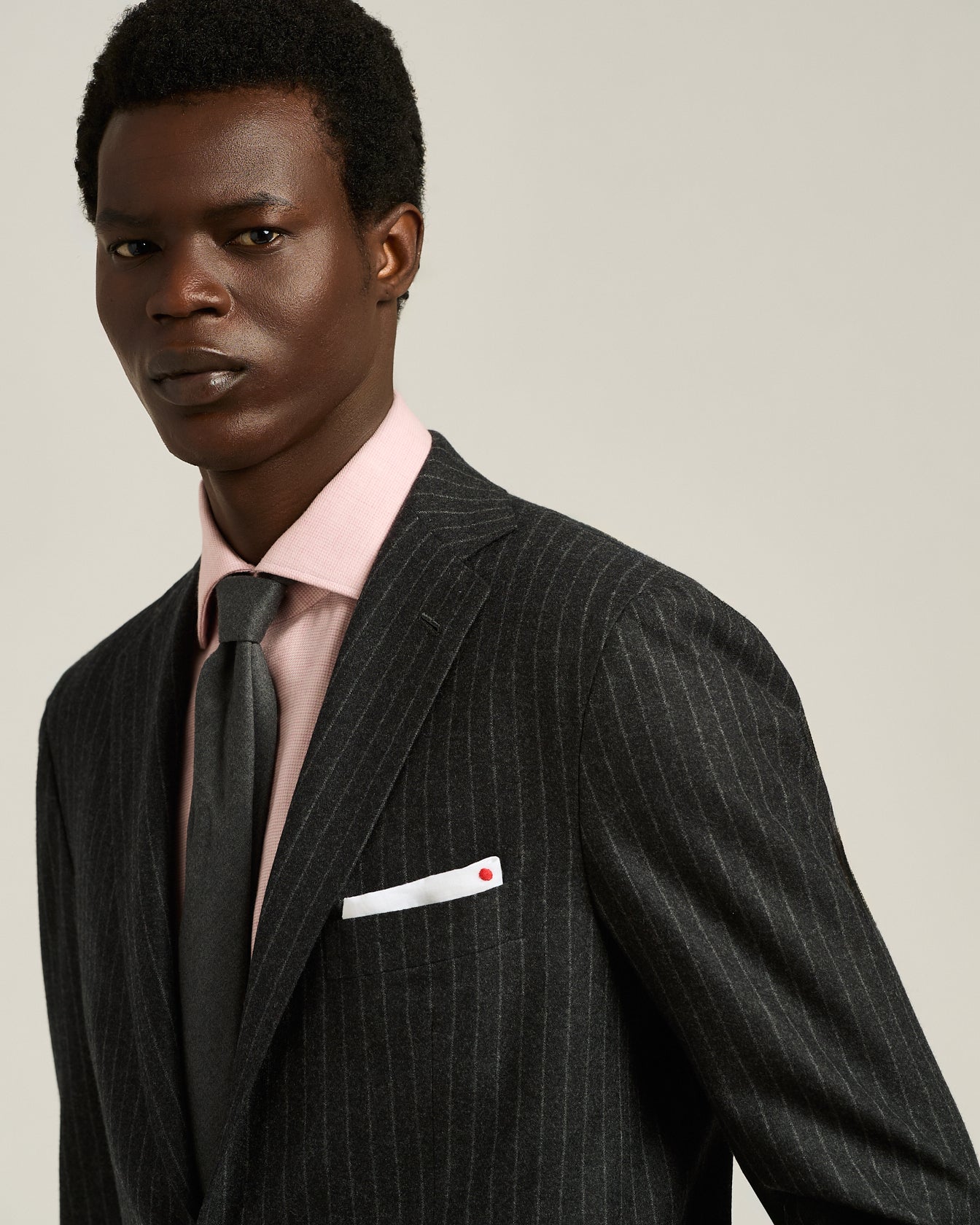 dark grey single-breasted wool and cashmere pinstripe suit