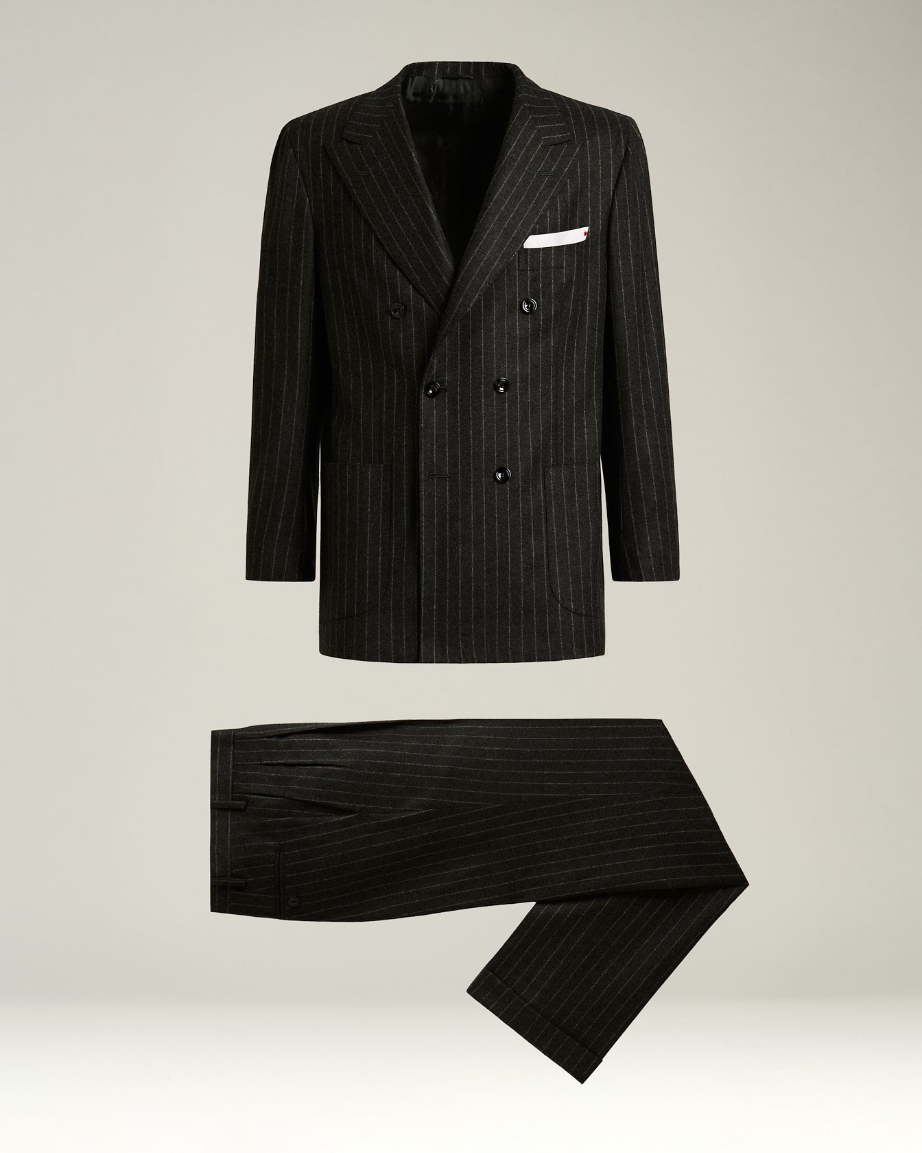 DOUBLE-BREASTED PINSTRIPE SUIT IN GREY WOOL AND CASHMERE