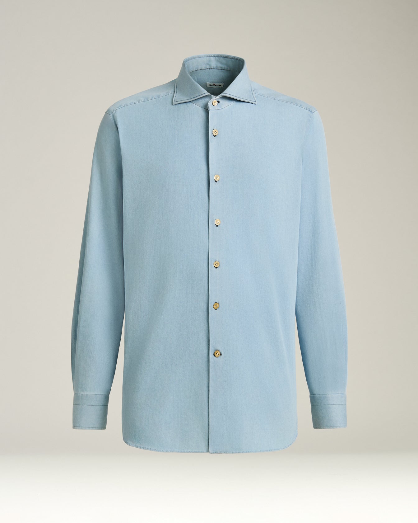 men’s casual light blue denim shirt with spread collar