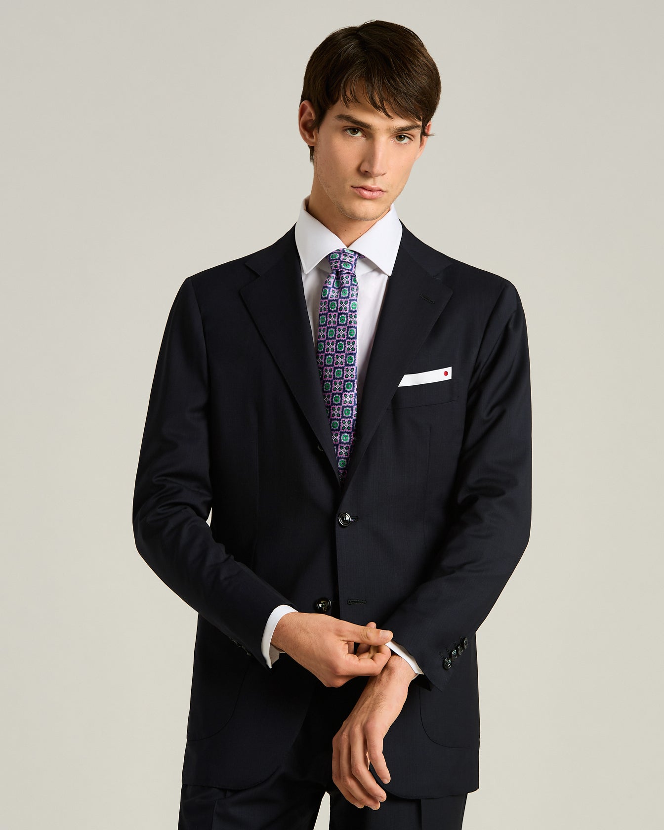 men's purple green geometric pattern silk tie