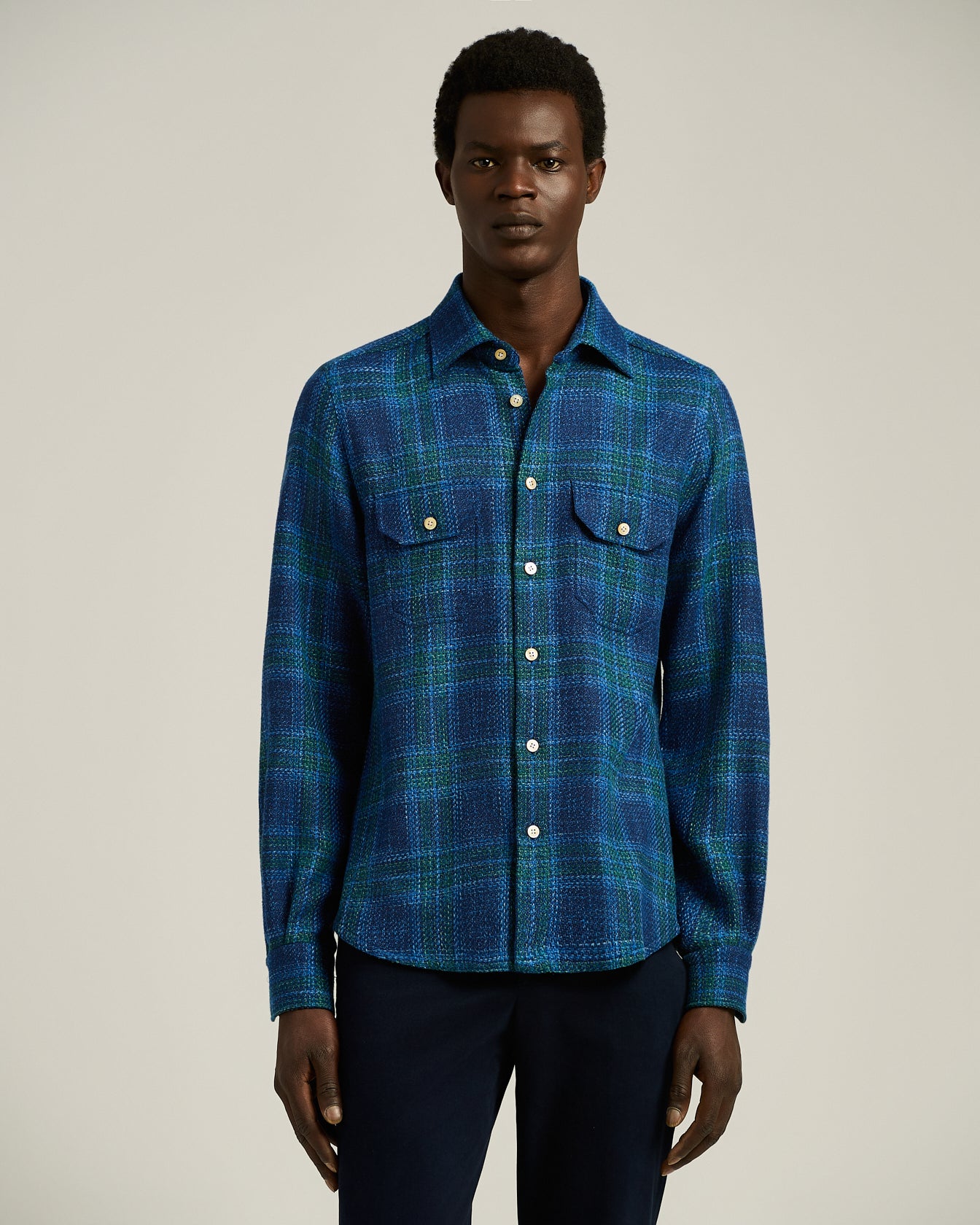 HANDMADE TARTAN OVERSHIRT IN BLUE WOOL BLEND