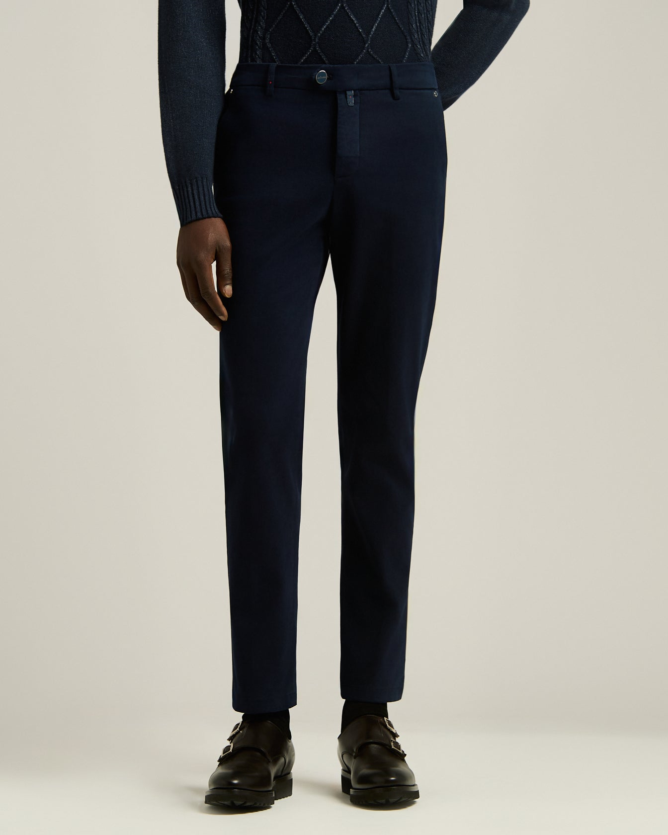 navy blue stretch cotton casual men's trousers