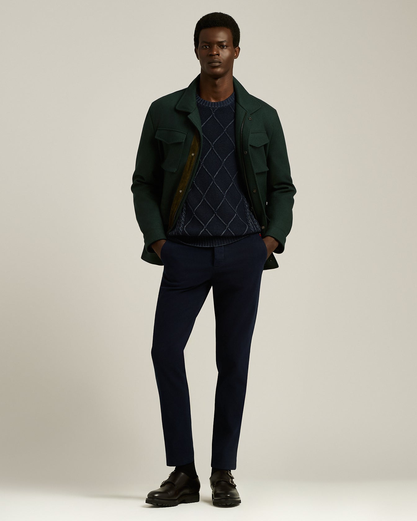 navy blue stretch cotton casual men's trousers