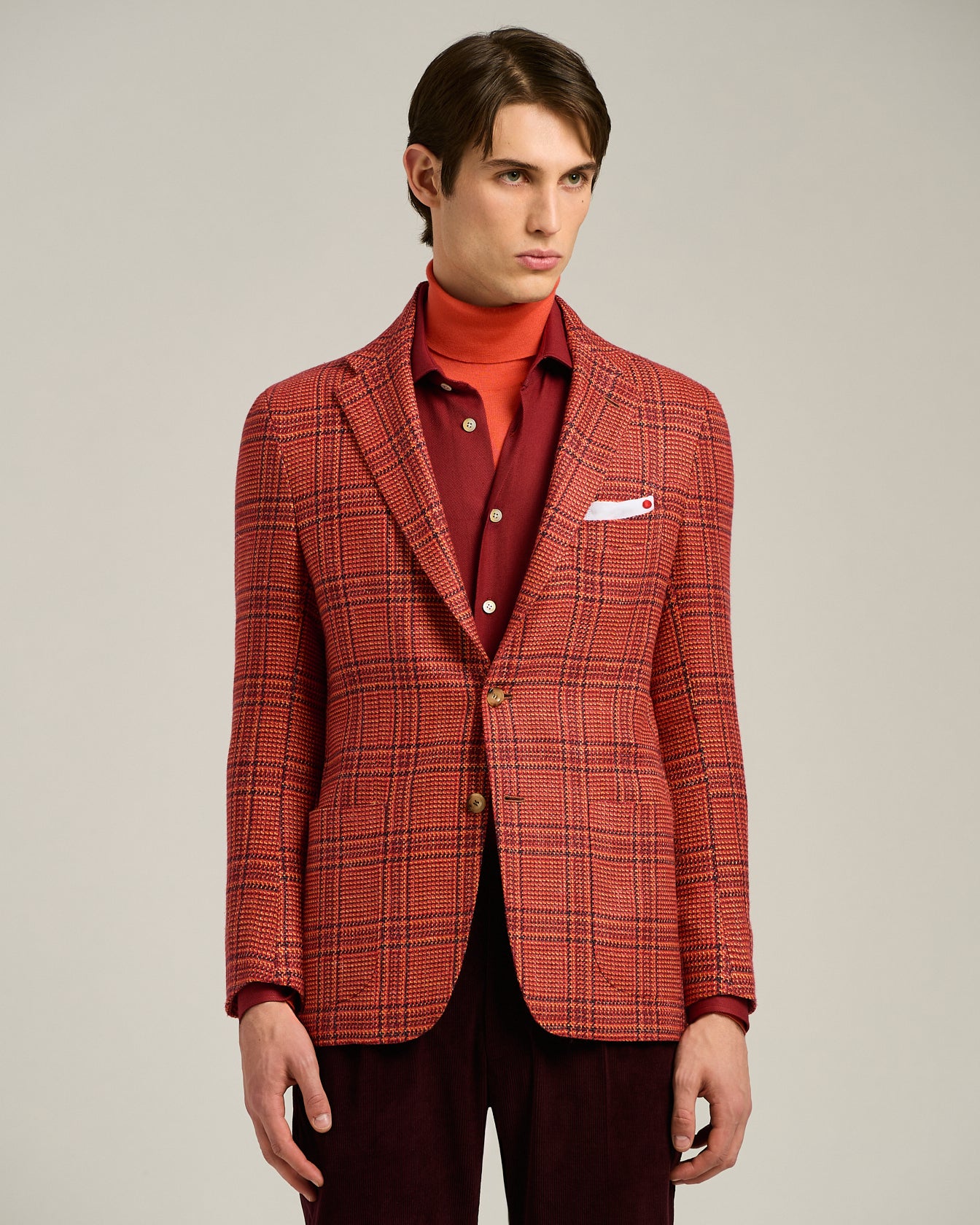SINGLE-BREASTED RED PRINCE OF WALES JACKET IN CASHMERE