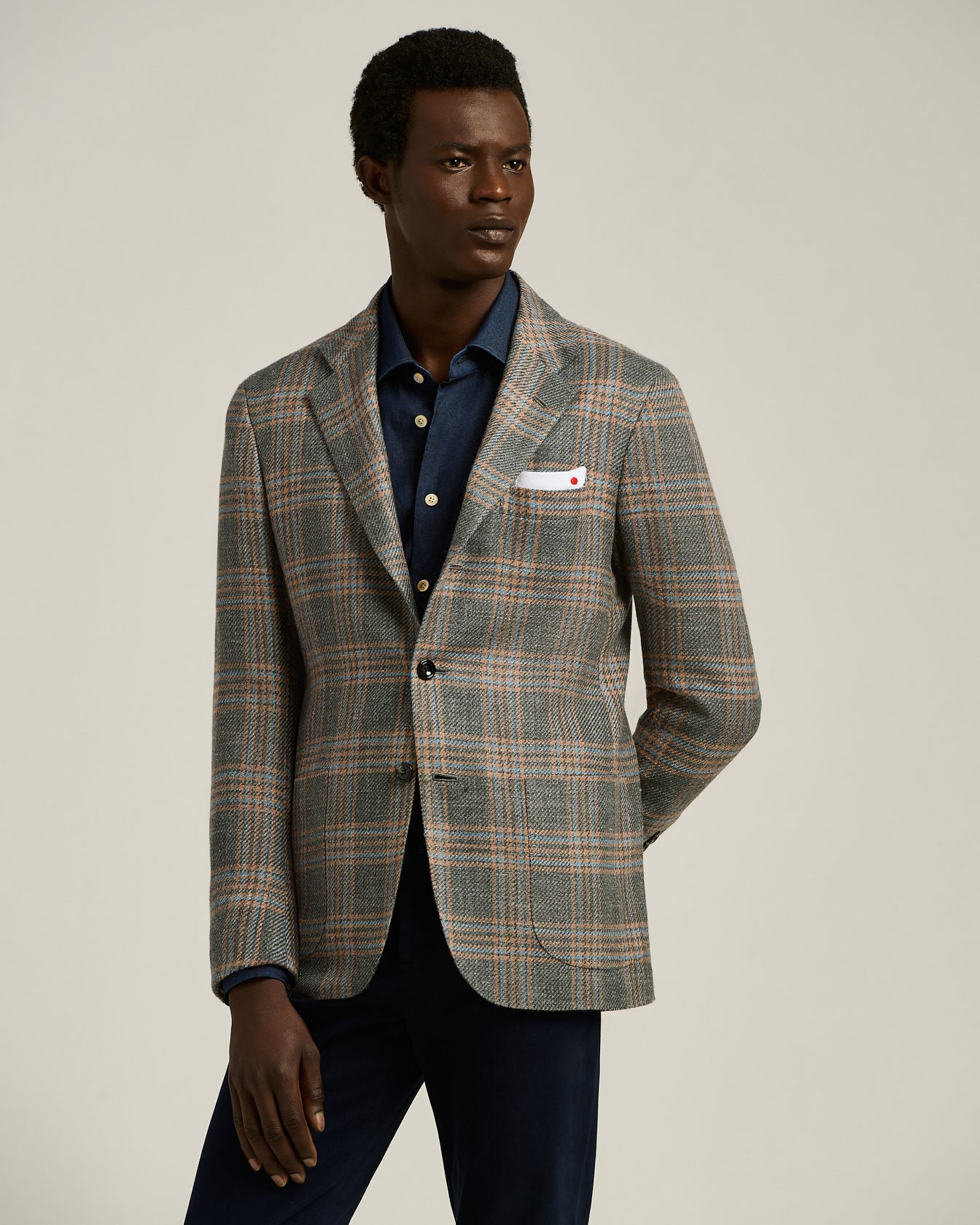 SINGLE-BREASTED MEDIUM GREY PRINCE OF WALES JACKET IN CASHMERE