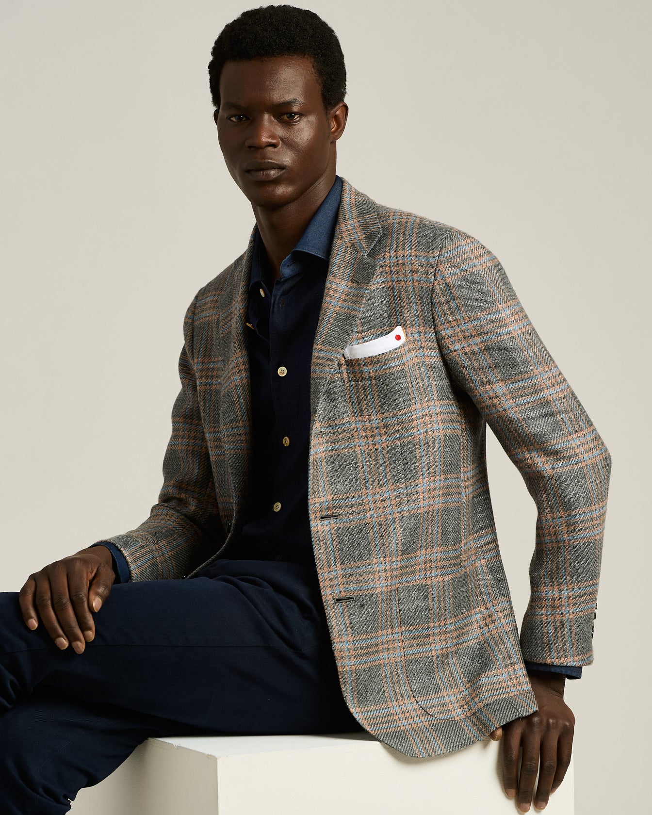 SINGLE-BREASTED MEDIUM GREY PRINCE OF WALES JACKET IN CASHMERE