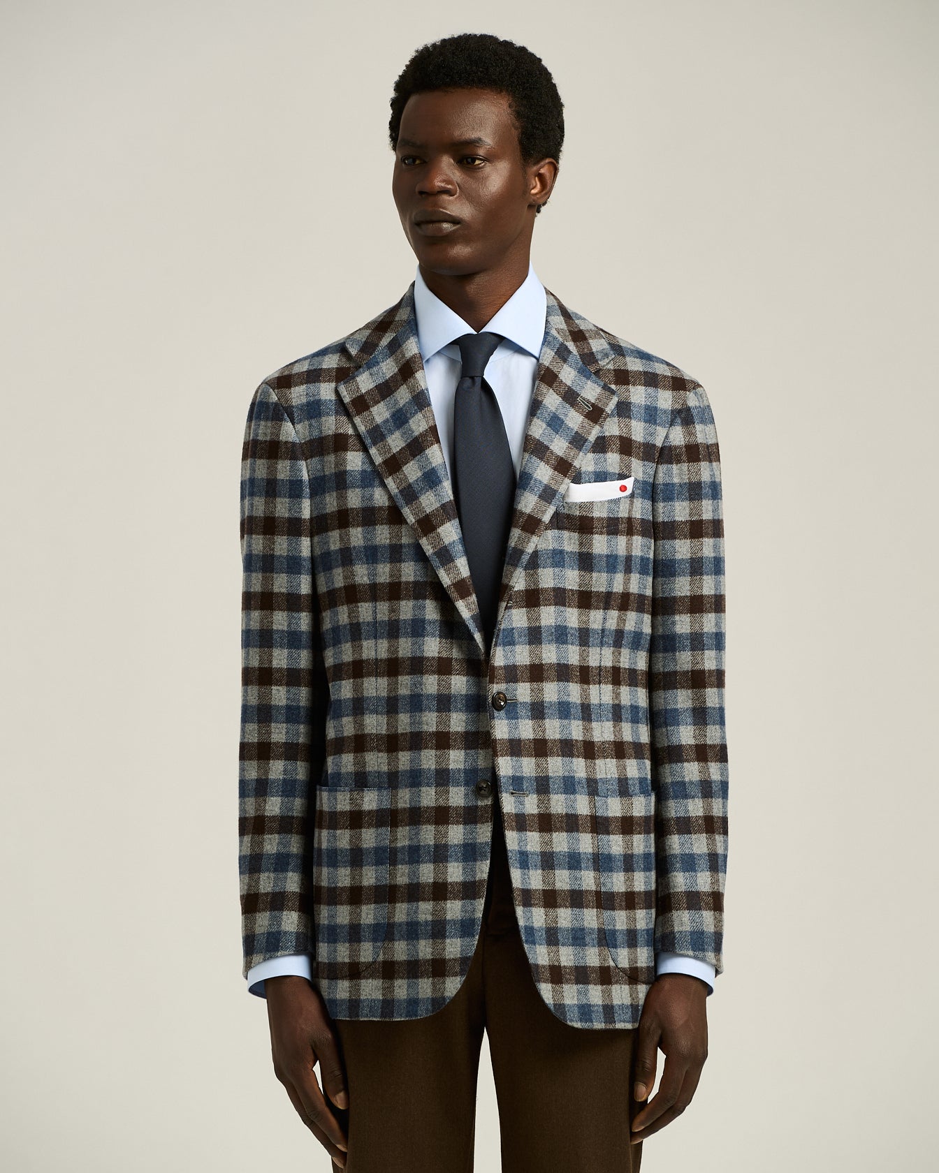 three-button checked jacket in cashmere, vicuña and silk