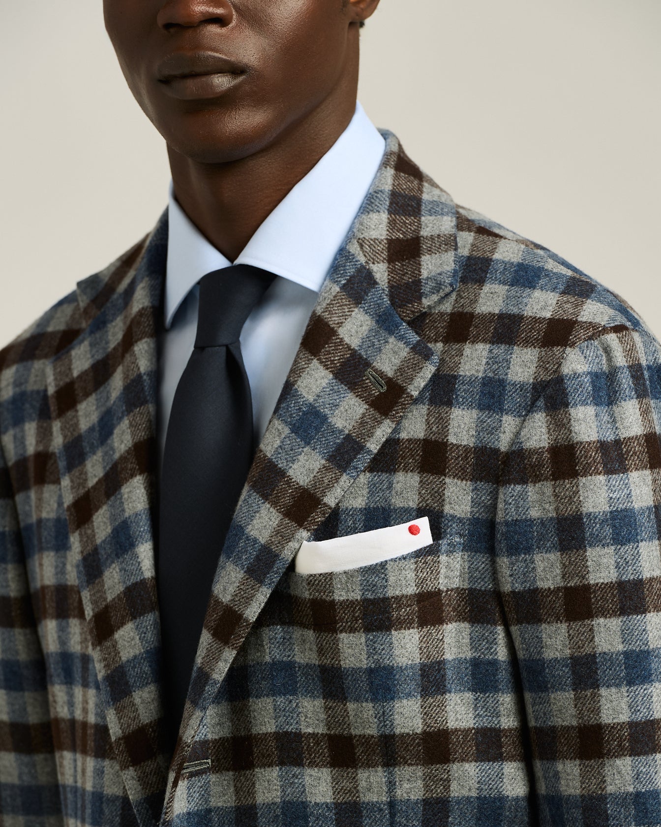 three-button checked jacket in cashmere, vicuña and silk