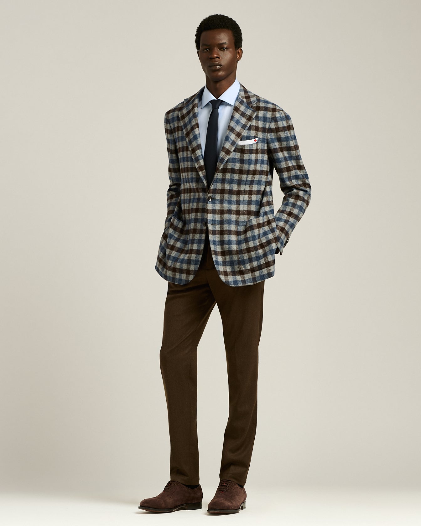 three-button checked jacket in cashmere, vicuña and silk