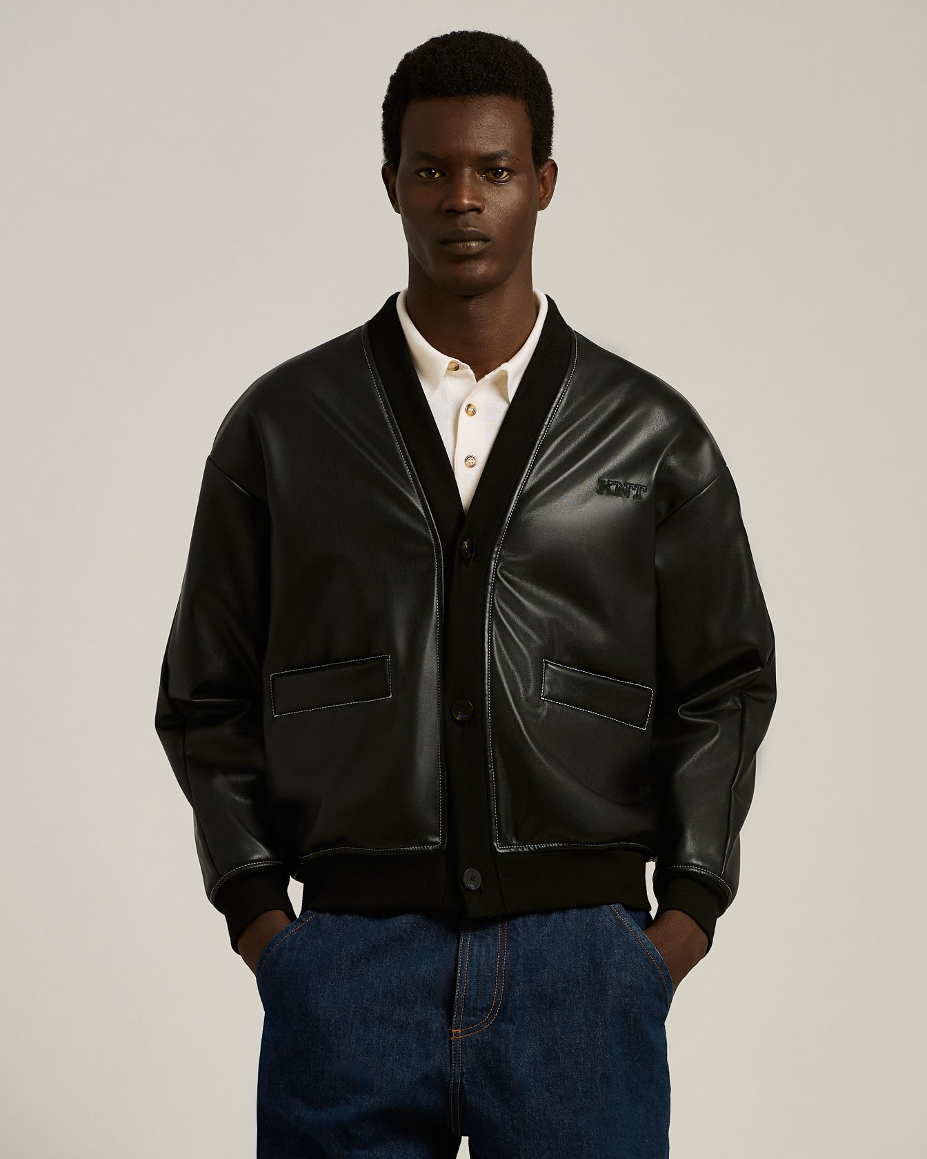 men's black faux leather bomber knt