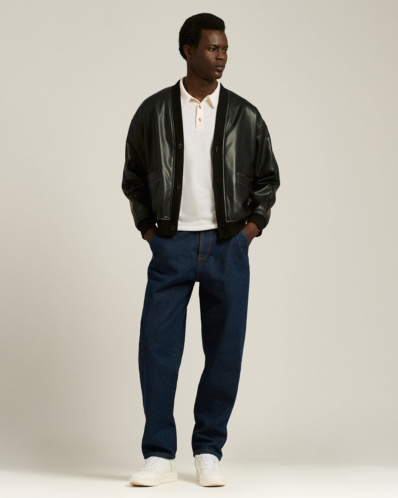 men's black faux leather bomber knt