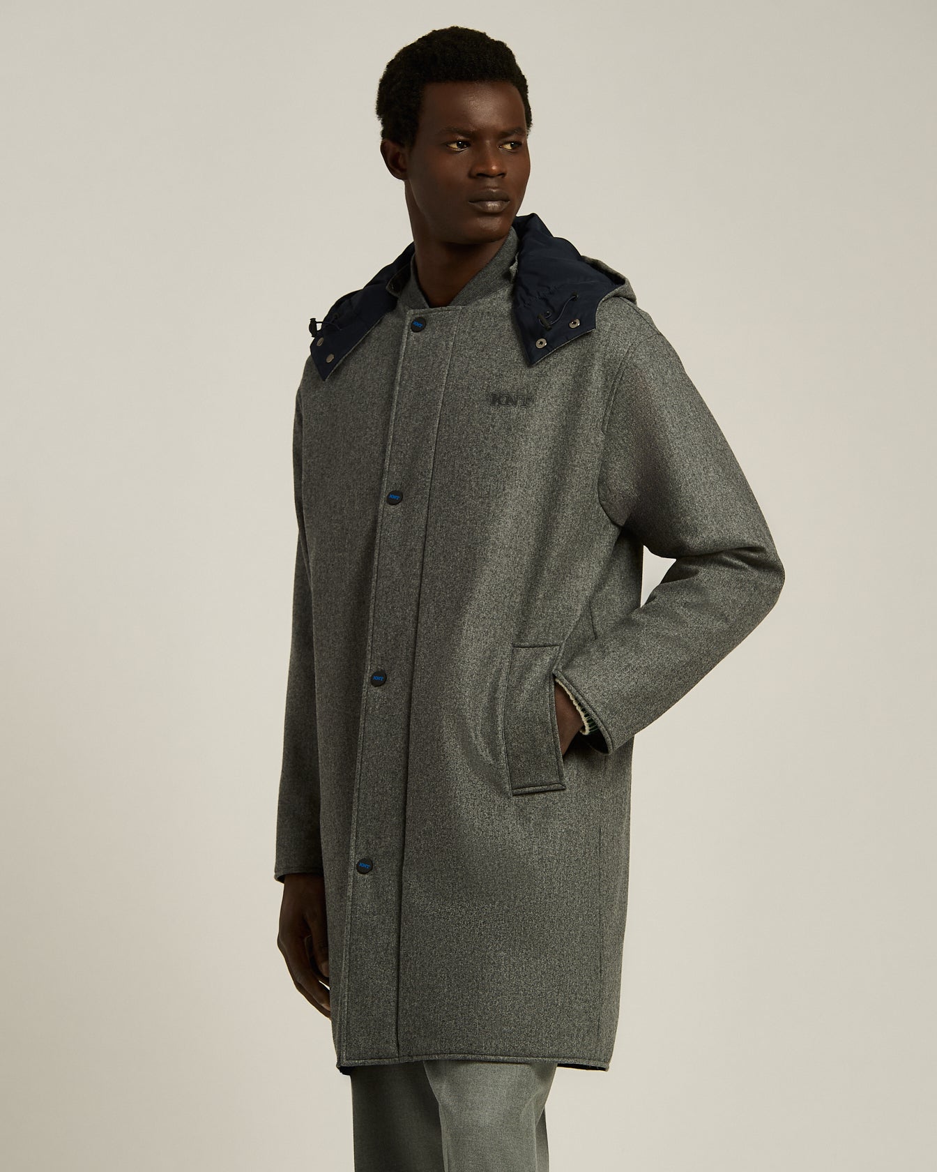 men's grey virgin wool overcoat with hood
