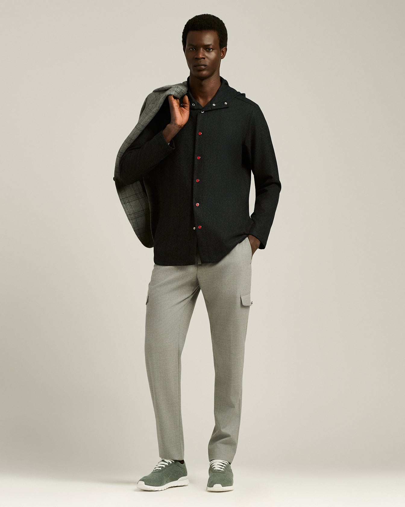 BLACK WOOL 'PETER' OVERSHIRT WITH HOOD