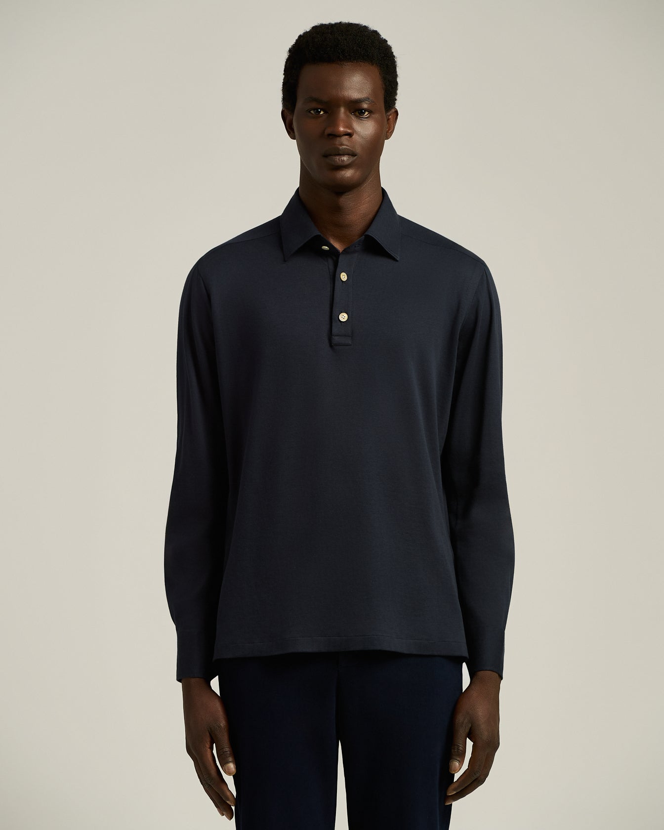 LONG-SLEEVE 'POSITANO' POLO IN NAVY COTTON JERSEY