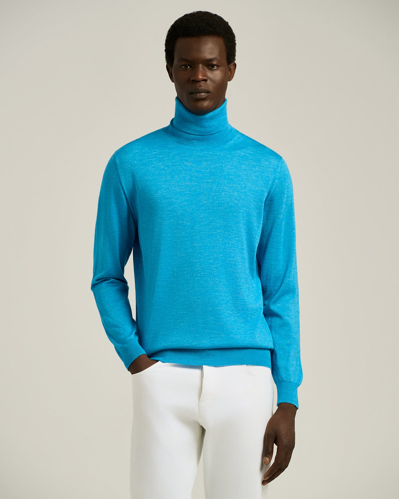 SKY BLUE SILK AND “DIAMANTE BLU” WOOL TURTLENECK