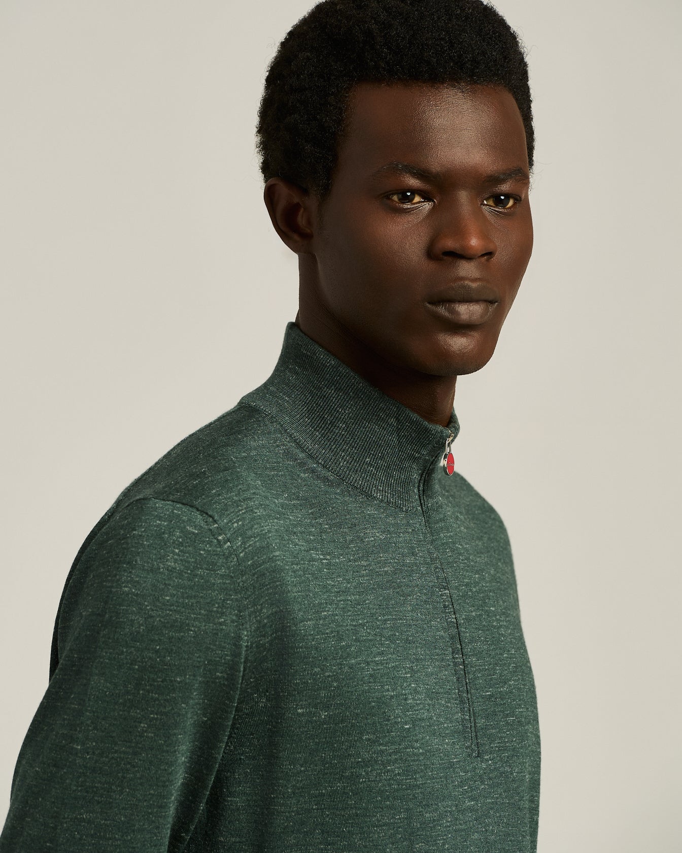 GREEN PINE ZIP-NECK SWEATER IN SILK, CASHMERE AND LINEN