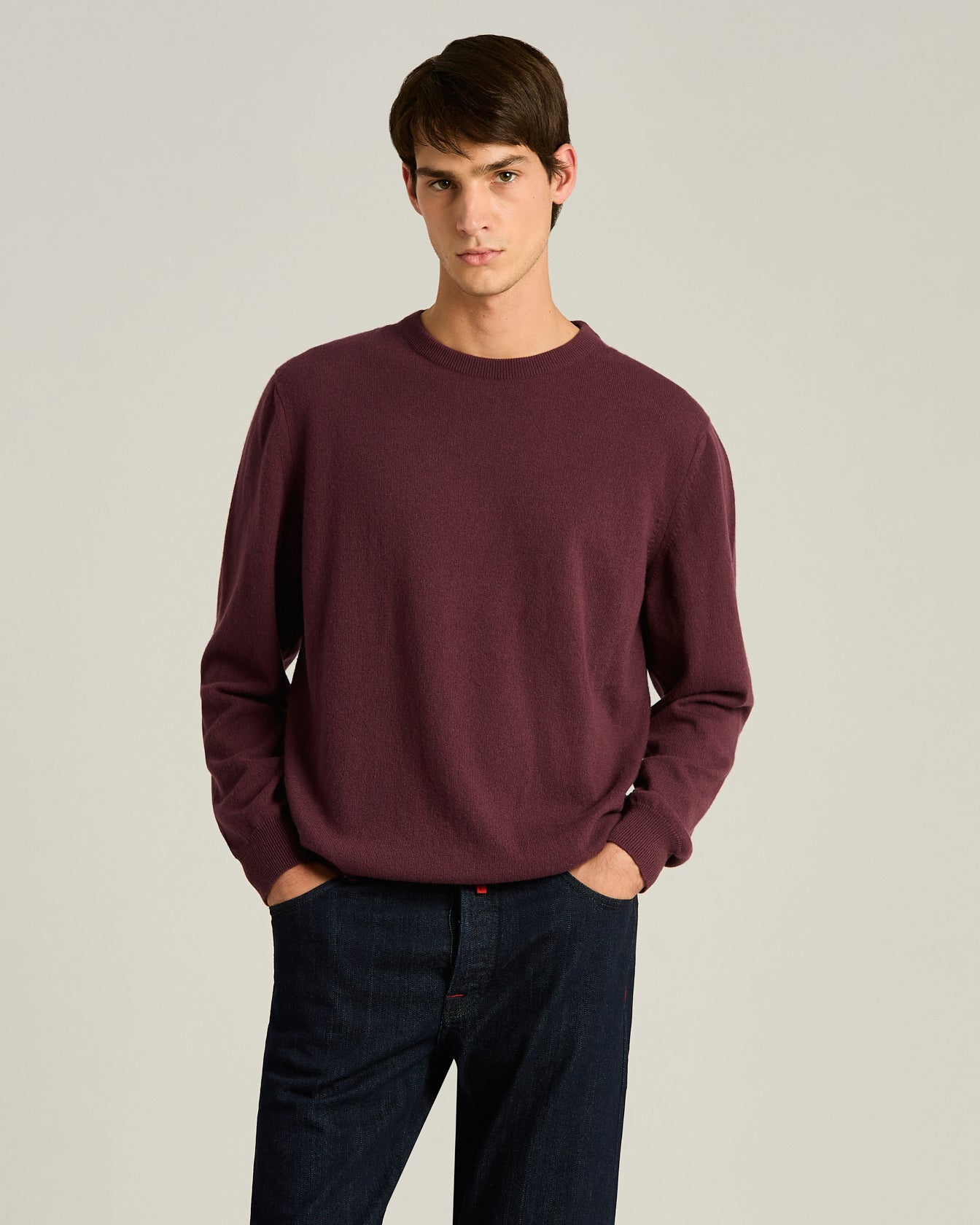 men's burgundy pure cashmere crew neck sweater
