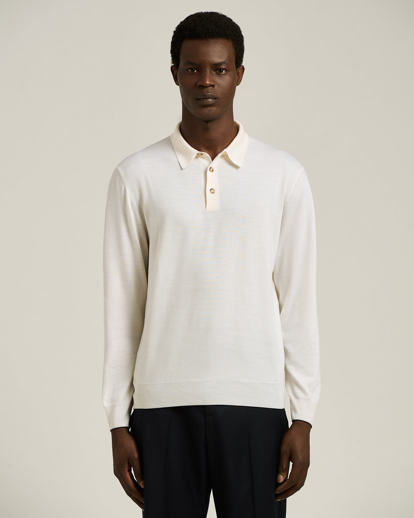 men's white virgin wool long sleeve polo knt