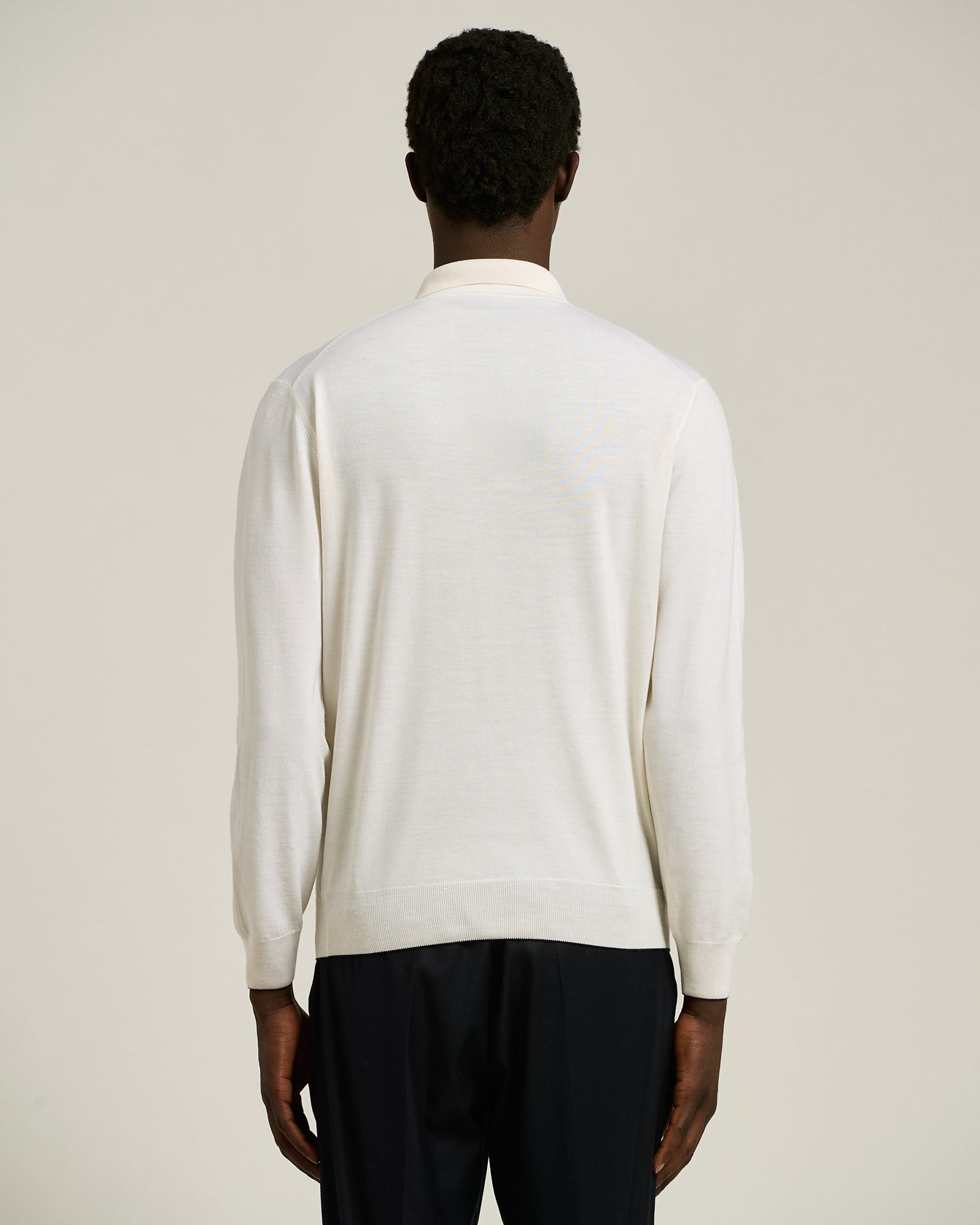 men's white virgin wool long sleeve polo knt