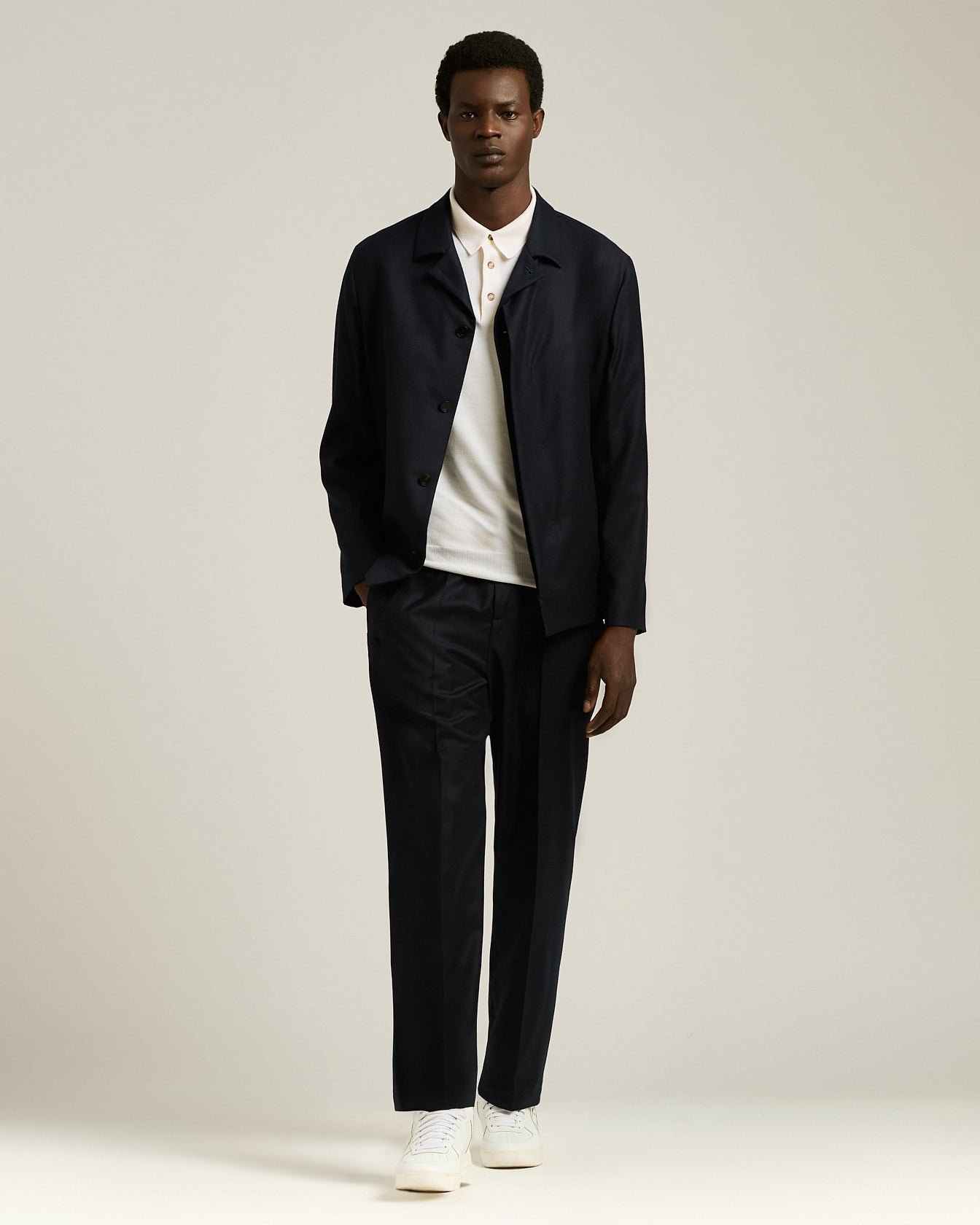 men's white virgin wool long sleeve polo knt