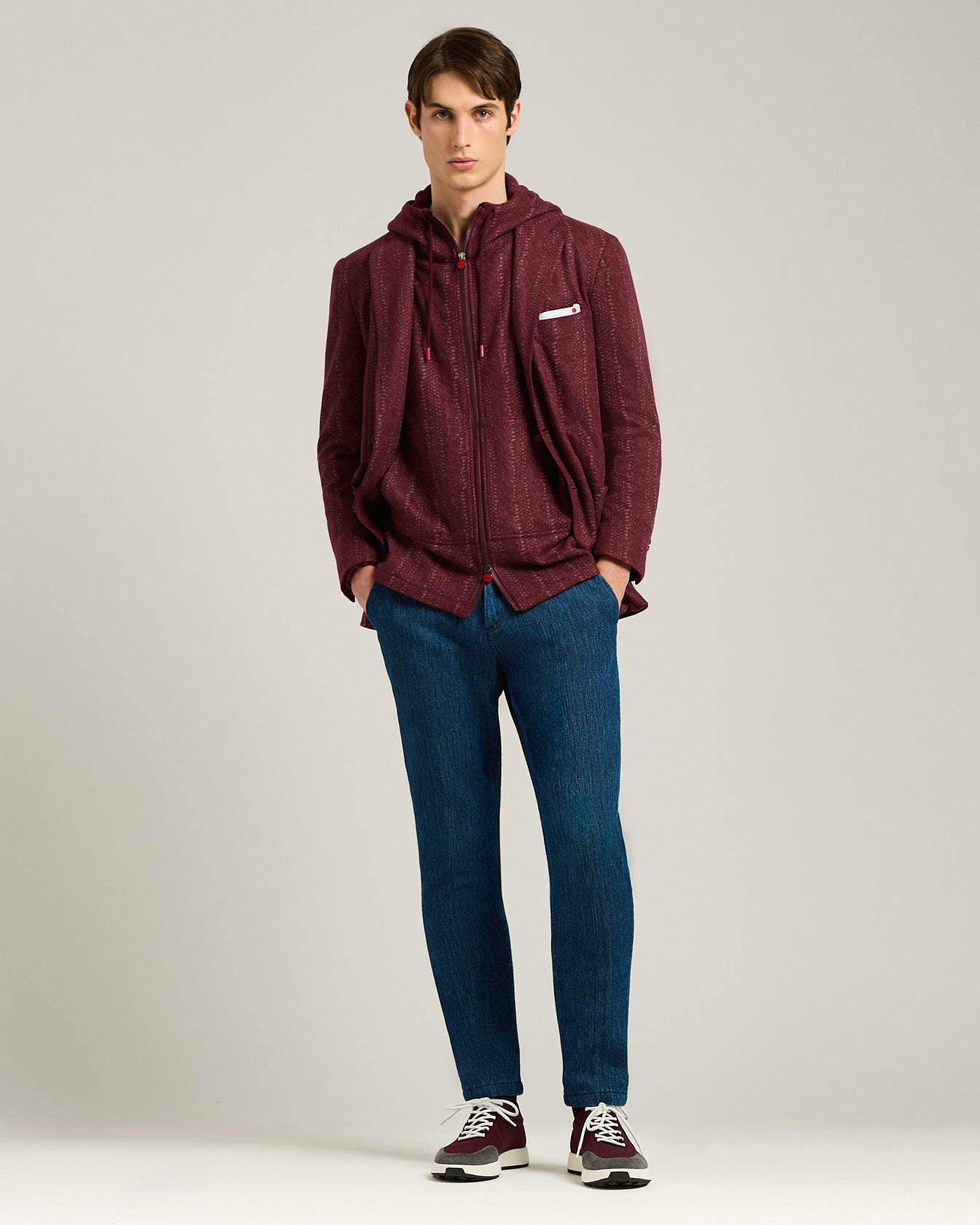 BORDEAUX COTTON-KNIT SNEAKERS WITH CALFSKIN SUEDE