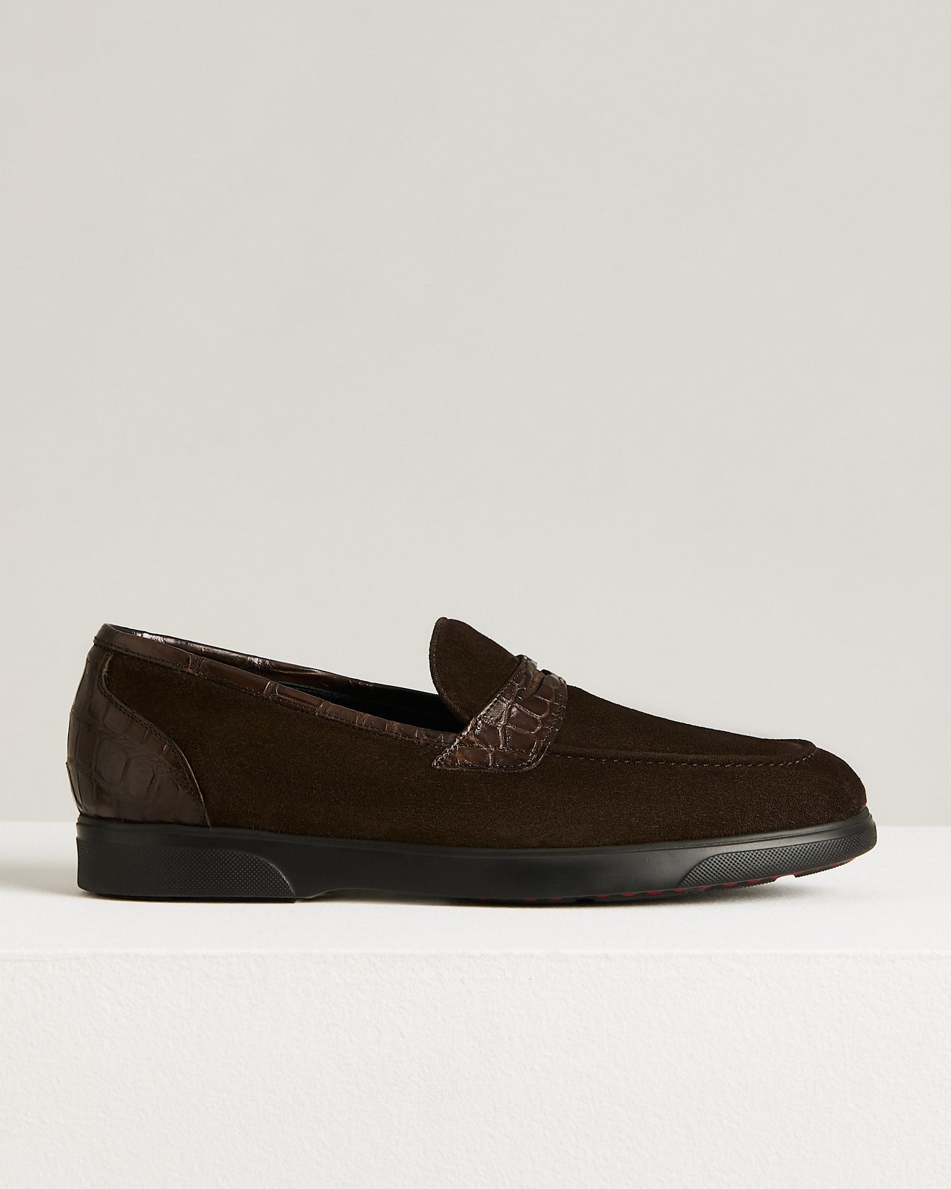 men’s brown suede calfskin loafers with crocodile inserts