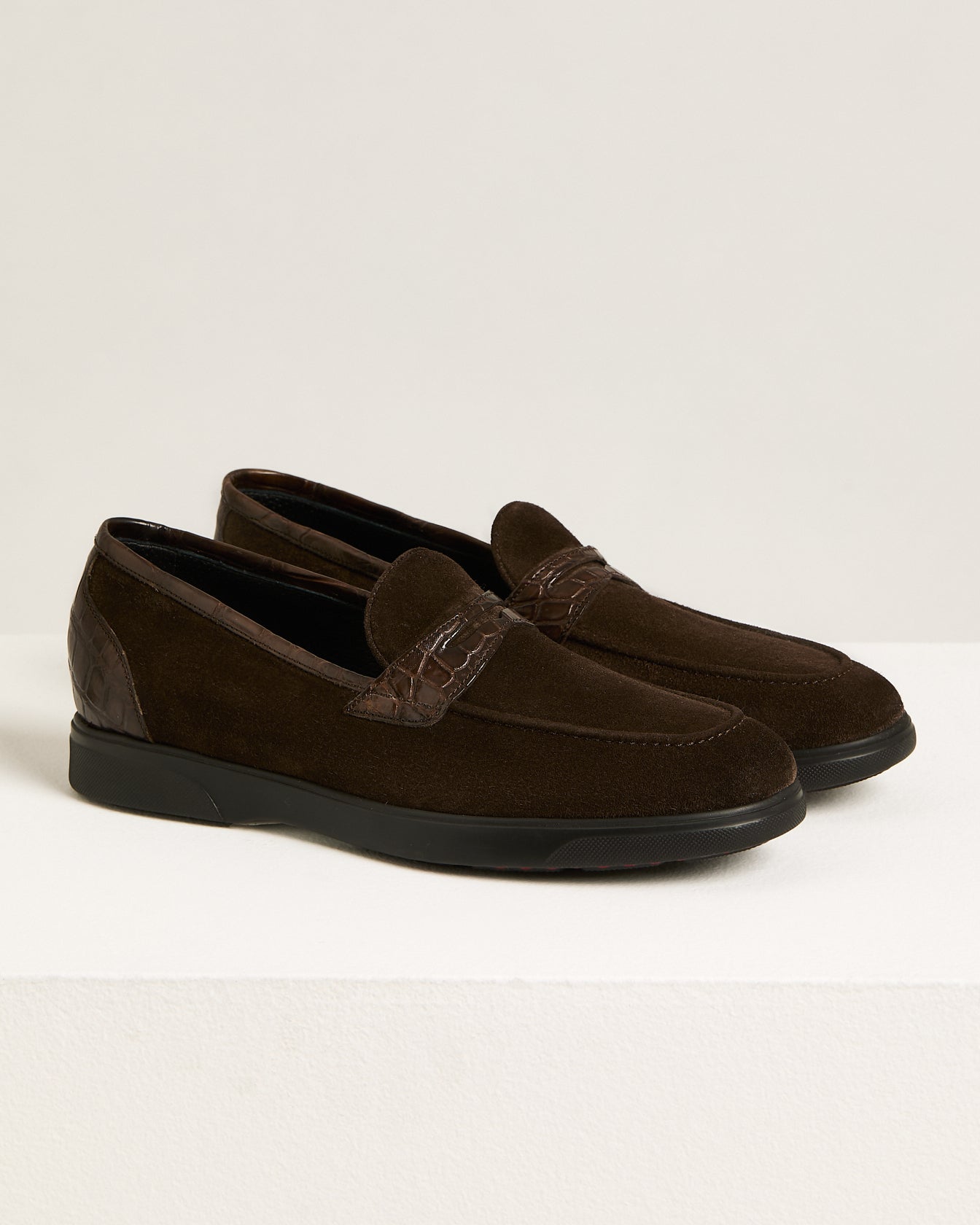 BROWN SUEDE CALFSKIN LOAFERS WITH CROCODILE INSERTS