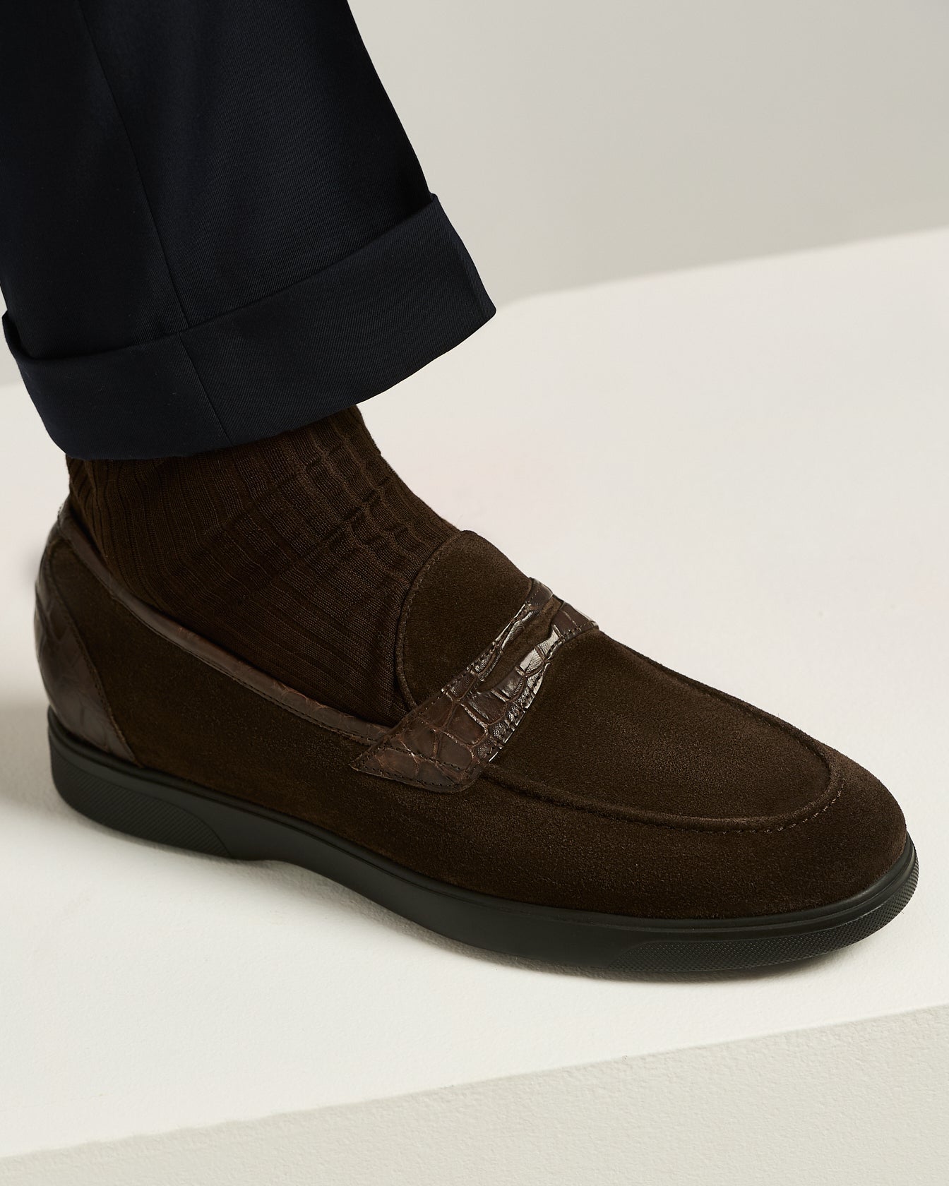 BROWN SUEDE CALFSKIN LOAFERS WITH CROCODILE INSERTS