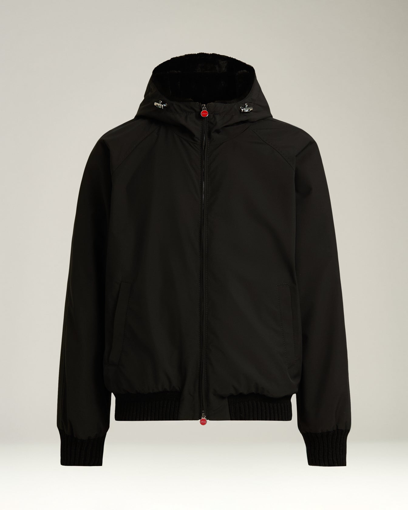 men’s black hooded jacket lined with weasel fur