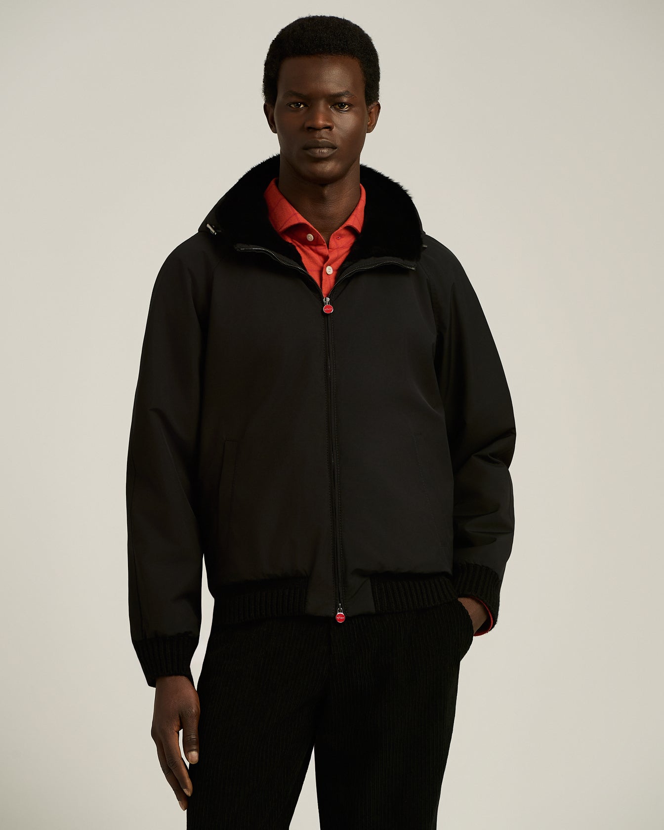 BLACK HOODED JACKET LINED WITH WEASEL FUR