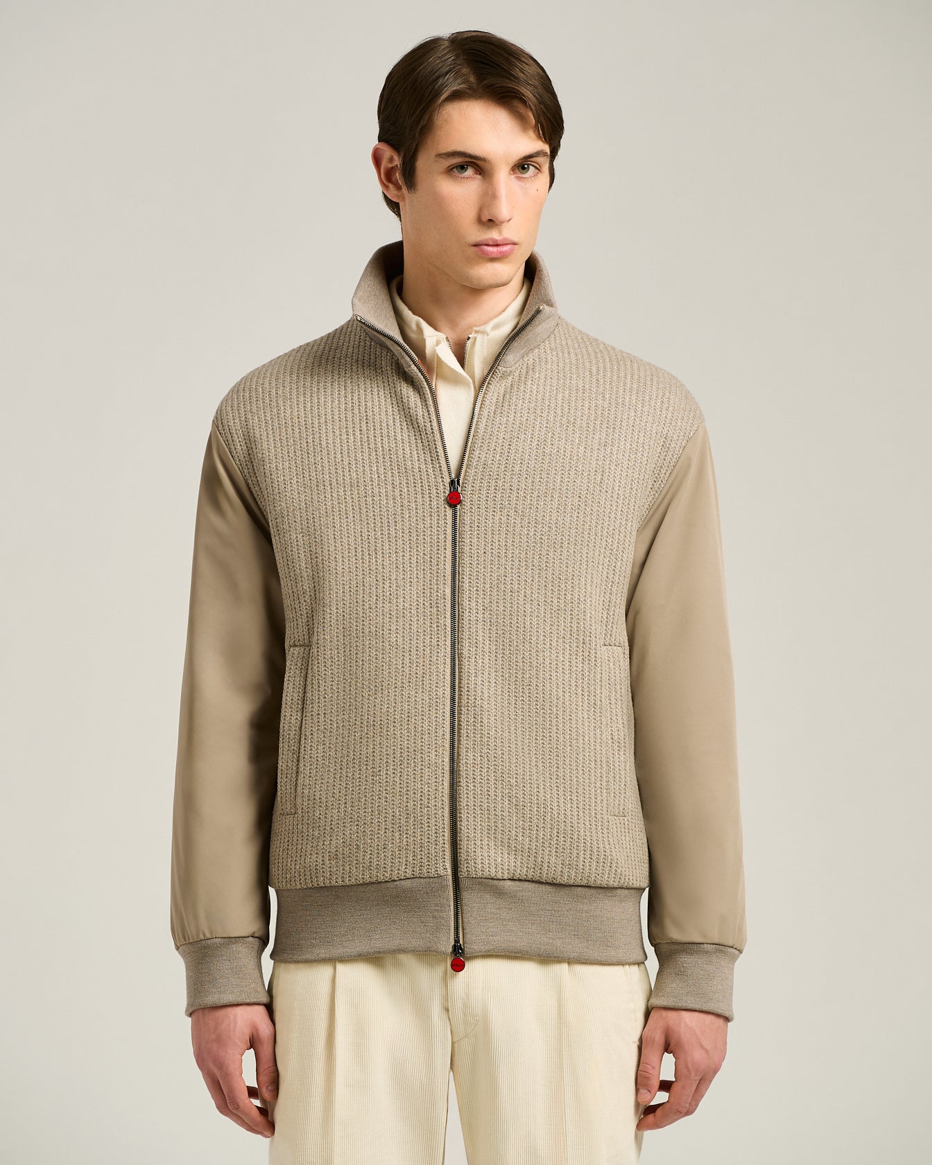 BOMBER IN TAUPE WOOL BLEND AND TECHNICAL FABRIC